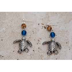 Antique Brass Hatchling Seaturtle Earrings W/ Czech Blue And Brown Beads